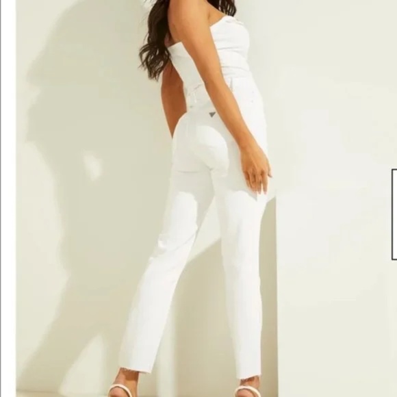 NEW Guess Strapless Button-Up front Denim skinny logo Jumpsuit 6 White - Picture 5 of 17